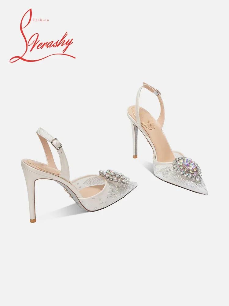 Fashion 2025 New Rhinestone Toe Cap Sandals for Women with a Straight Buckle and Pointed Tip, Sexy Temperament, Socialite Single Shoes