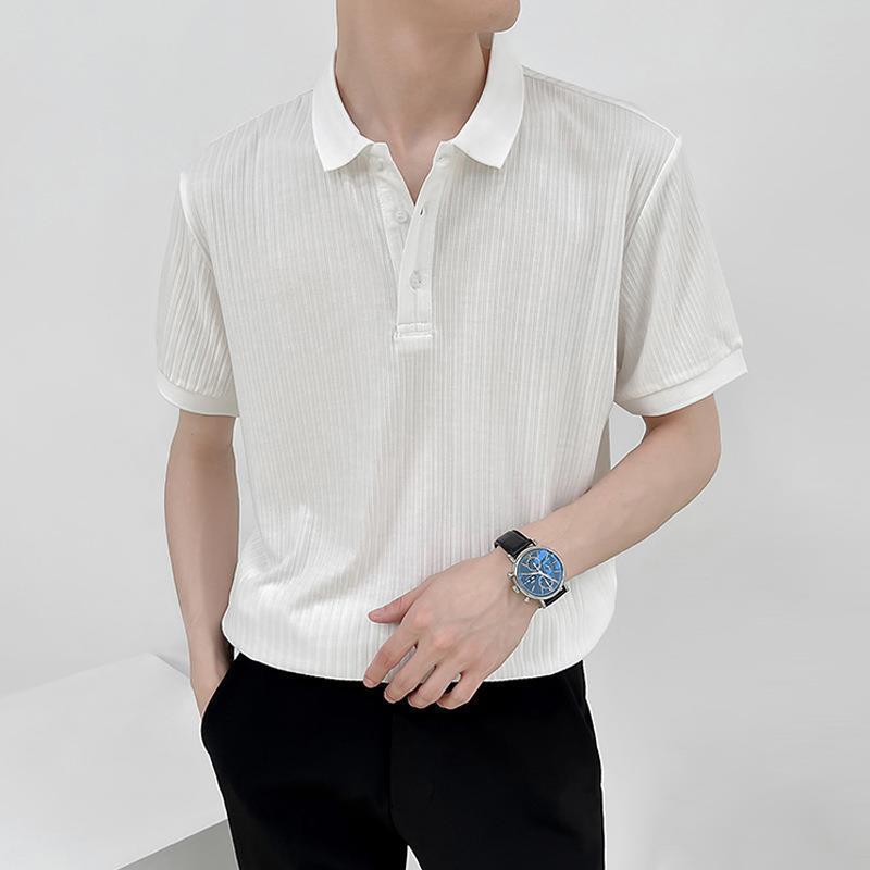 Men's Casual Retro Striped Polo Shirt: Short-Sleeved, Solid Color, Versatile Knitted Lapel T-Shirt