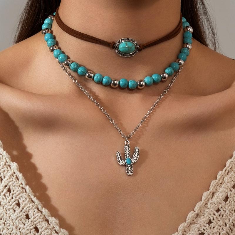 3-piece Bohemian style alloy cactus pendant necklace with multi-layer layered turquoise beaded velvet woven women s necklace