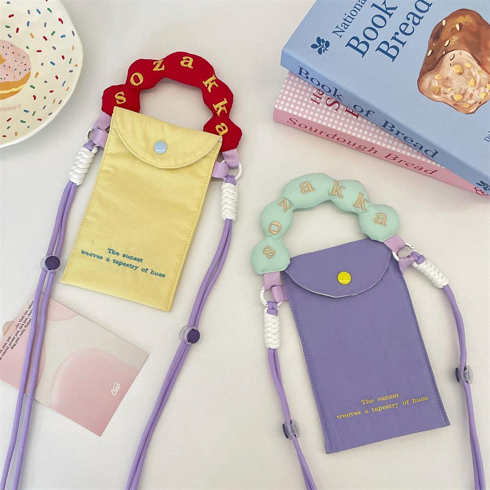 1 New Contrasting Color Embroidery Mobile Phone Bag Mini Handbag Small Fresh Canvas Portable Messenger Mobile Phone Bag