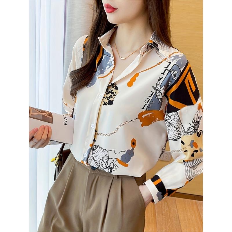 Retro Long-Sleeved Collar Shirt Women's Top Oriented Chain Print Button Lapel Shirt New Spring And Autumn