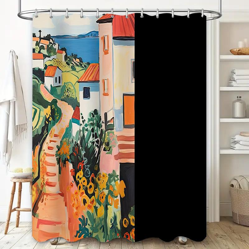 Coastal Landscape Shower Curtain Mediterranean Sea View Bathroom Decor Beach Themed Fabric Backdrop Wall Hanging Artistic Home D