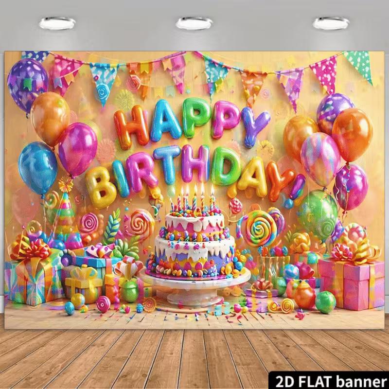 

2D Fun Colorful Birthday Backdrop, Happy Birthday & Candy Photography Banner 47.2x31.5inch/120*80cm