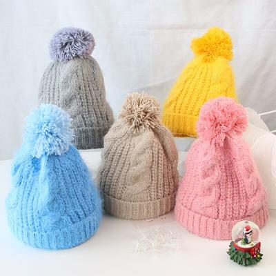Bunte Pompom Baby Hut Herbst Winter Kinder Mädchen Jungen Beanie Cap Crochet Twist Dicke Warme Einfarbig Infant Kleinkind Motorhaube Hut