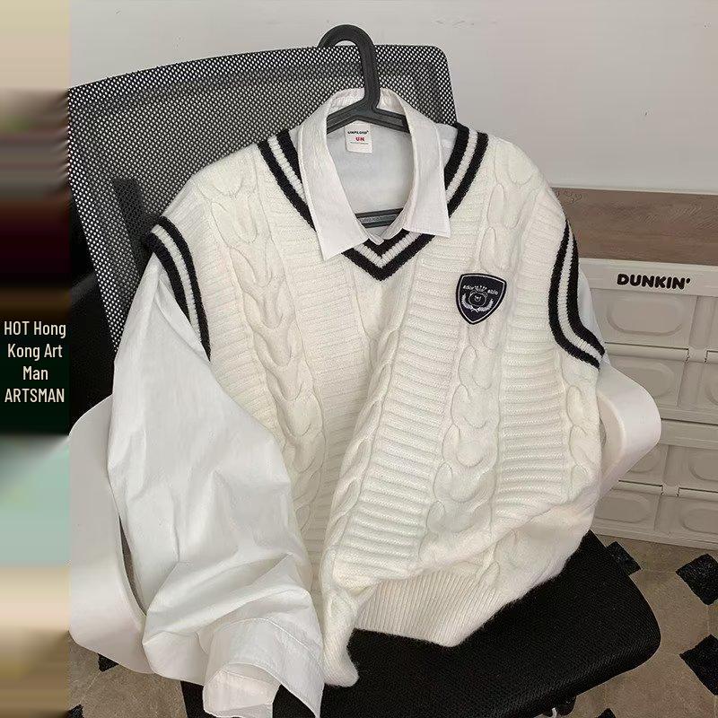 Men's Autumn V-Neck Knitted Sweater Vest: College Style, Loose Fit, New Design