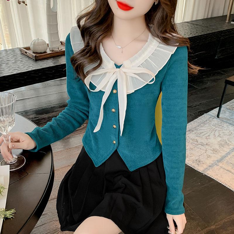 Spring New Style French Hepburn Style Bow Chic Lace Collar Sweet Slimming Fashionable and Versatile Long-sleeved Top for Women