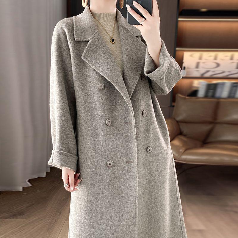 

Wool Double-Breasted Mid-Length Coat for Middle-Aged and Elderly Women - Autumn/Winter S 80-110 lbs