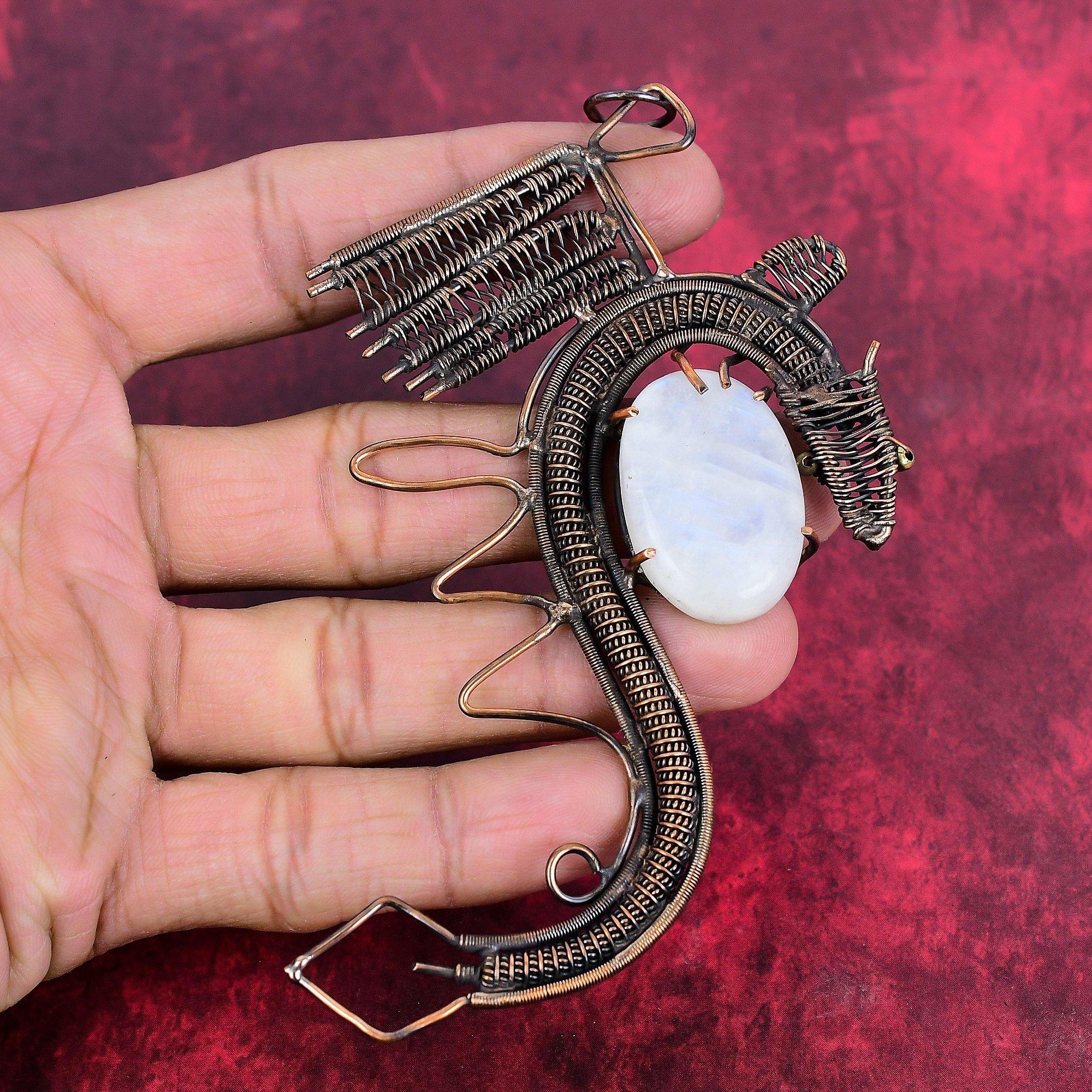 Rainbow moonstone pendant copper wire wrapped dragon pendant natural gemstone jewelry handmade pendant copper wire jewelry engagement gifts