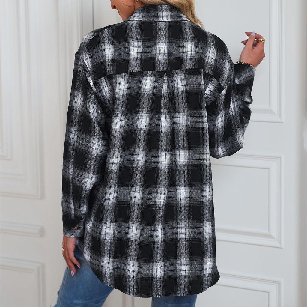 HNXC Blusas y camisas con cuello tipo POLO de manga larga con estampado a cuadros de verano informal a la moda para mujer Cárdigan