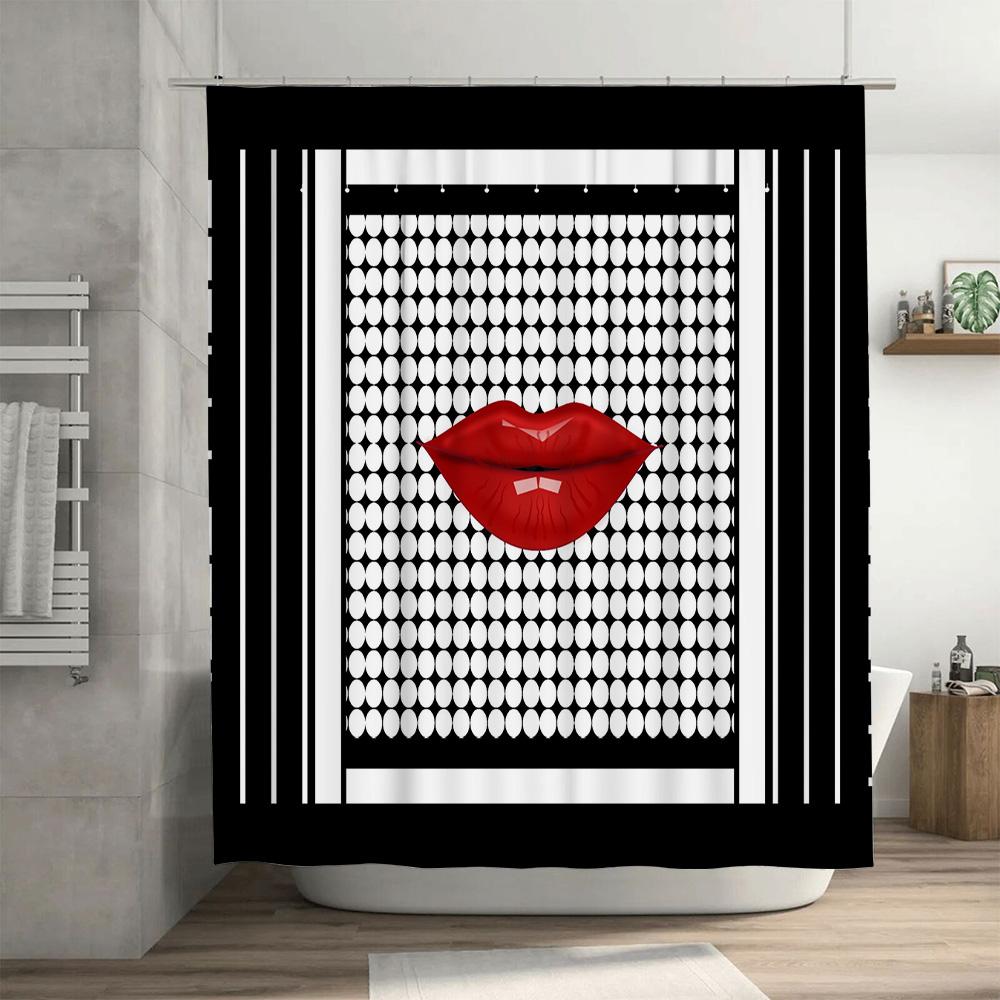 Modern Bathroom Shower Curtain with Bold Red Lip Print: Eye-Catching Stylish Decor for Your Bath Area White Circular Pattern Bac