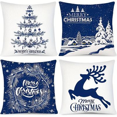 Merry Christmas Blue & White Pillow Covers - Tree Reindeer Wreath Design, Decorative for Home Room Christmas Decoration