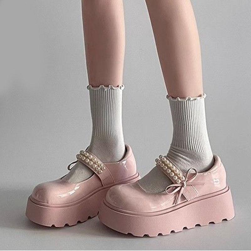Fashion Pink Thick Bottom Mary Jane Shoes Women Spring Autumn New Sweet Pumps Fashion Pearl Retro Thick High Heel Loafers Women's Shoes