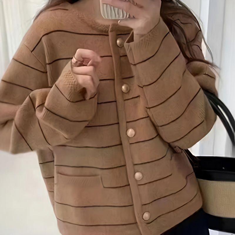 

Women s French Striped Knitted Cardigan Winter Loose Outer Wear Round Neck Retro Sweater Coat S