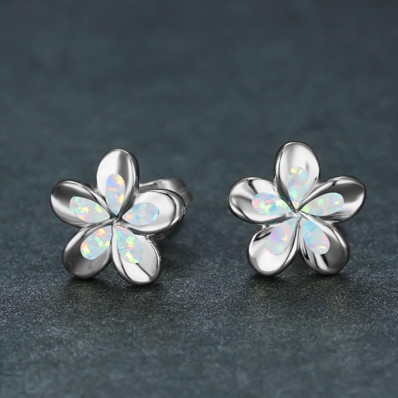 Wish fresh and sweet opal three-dimensional five-petaled flower stud earrings fashionable OL commuter supply