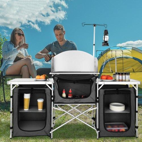 VEVOR Camping Kitchen Table, Folding Outdoor Cooking Table with Storage Carrying Bag, Aluminum Cook Station 3 Cupboard & Detachable Windscreen