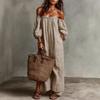Women's Off Shoulder Maxi Dress Striped Puff 3/4 Sleeve Long Dress Summer Beach Vacation Sundress with Pockets