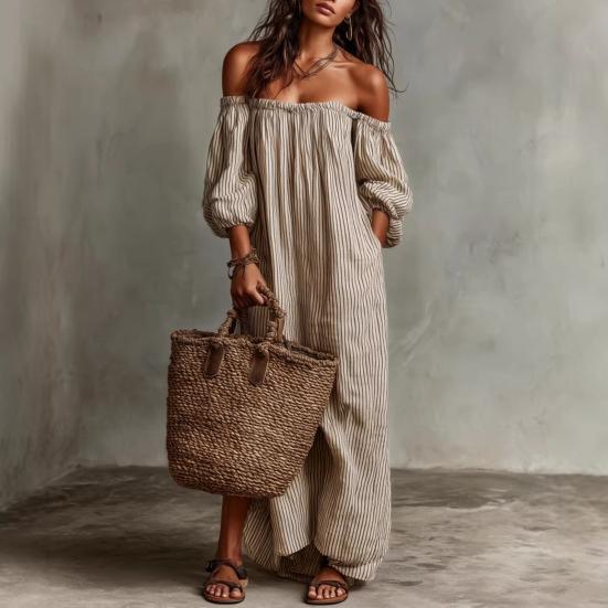 Women's Off Shoulder Maxi Dress Striped Puff 3/4 Sleeve Long Dress Summer Beach Vacation Sundress with Pockets