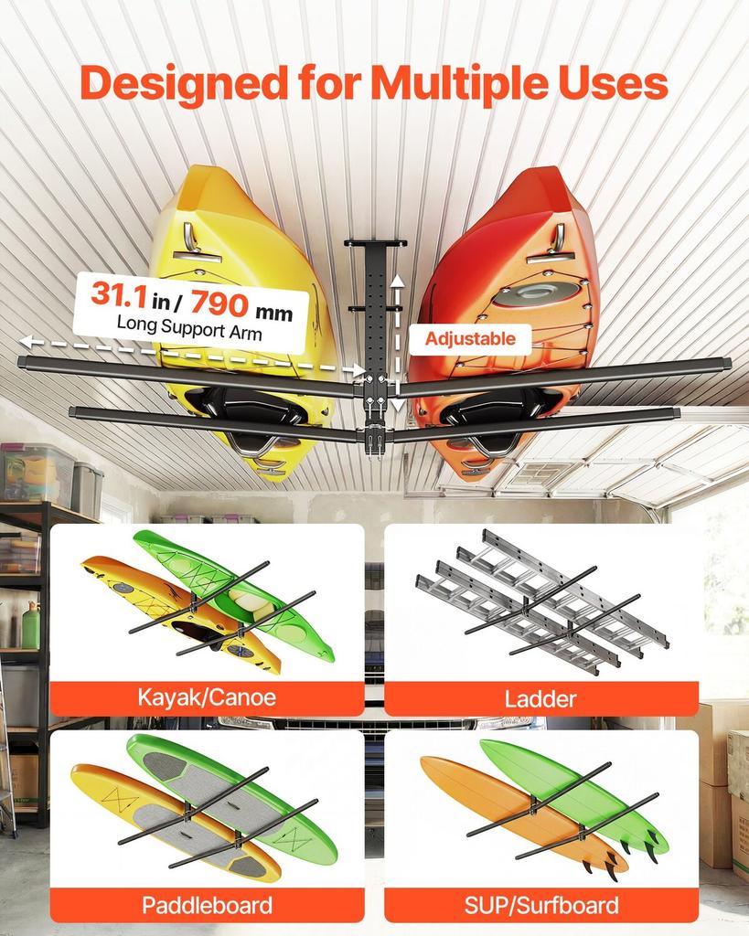 Kayak Storage Rack for 2 Kayaks, Holds Up to 113.4 kg, Heavy Duty Adjustable Ceiling Rack for Garage Ceiling Mount, Overhead Garage Storage Hanger for