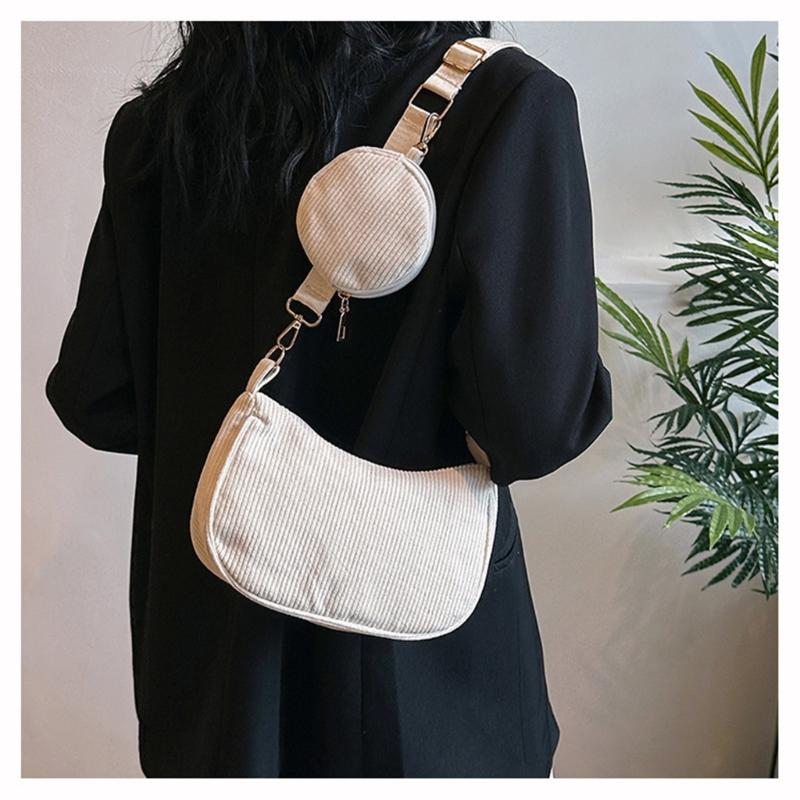 Womens Fashion Solid Color Corduroy Underarm Bag with Coin Purse Pouches Shoulder Crossbody Bag for Shopping Dating Work