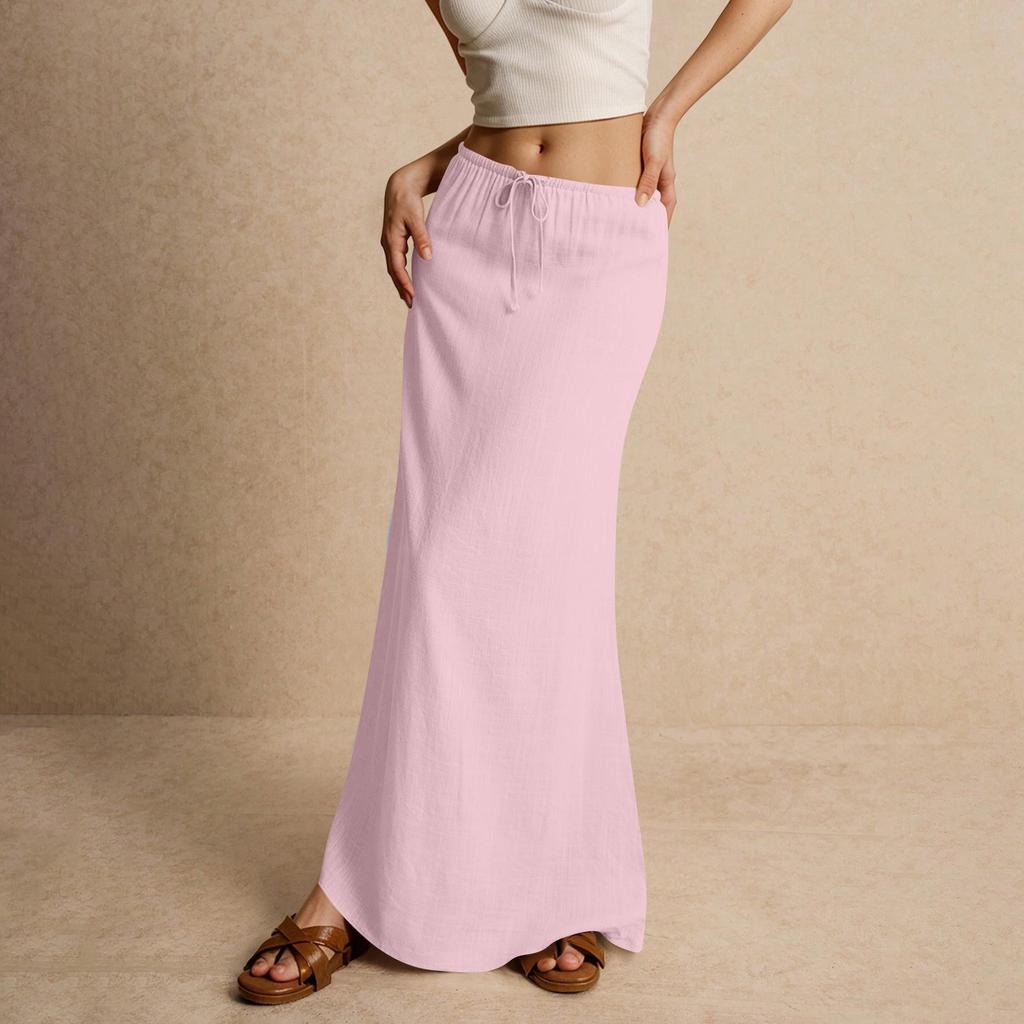 Women's Summer Maxi Skirt Drawstring Low Waist A Line Casual Skirts High Elastic Waisted Bodycon Long Maxi Skirts