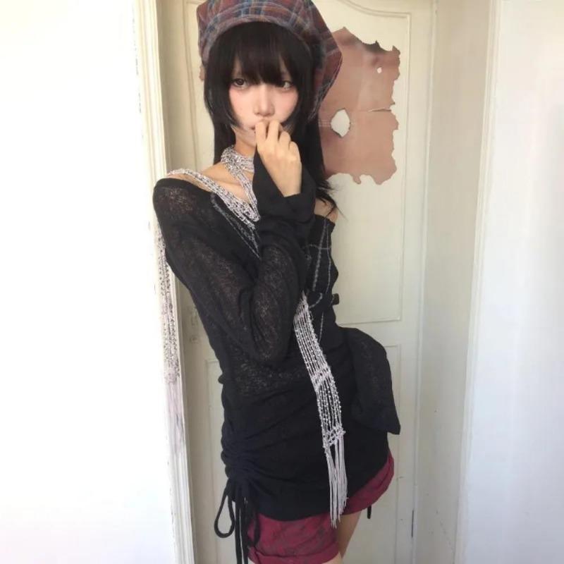 2KWEIRD Japanese Y2k Knitted Tops Grunge Tattoo Print Long Sleeve T-shirt Ribbed Vintage Harajuku Shirring Knitwear 2000s Gothic