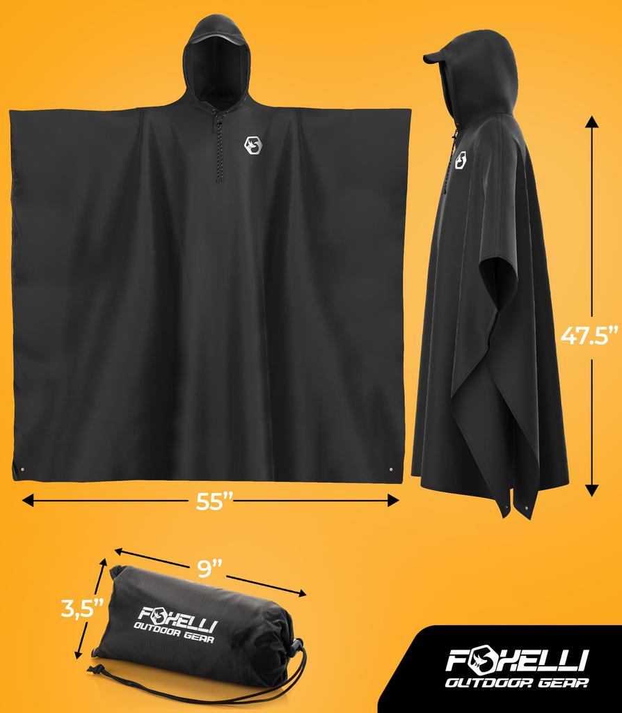 Foxelli Hooded Rain Poncho Waterproof Emergency Military Raincoat for Adults Men Women Lightweight Reusable Rain Gear for Camping Fishing Sporting