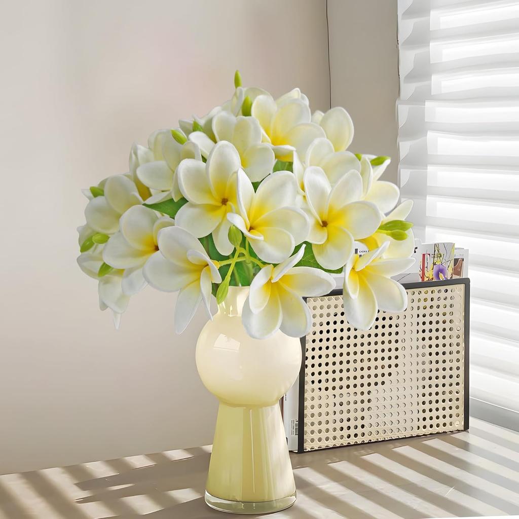 5PCS PU Real Touch Lifelike Artificial Plumeria Frangipani Flower Stems Wedding Home Party Spring Flowers Decoration (White)
