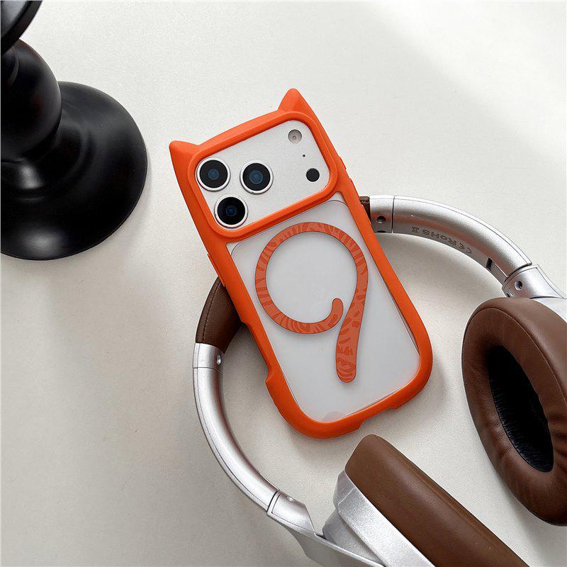 

3D Transparent iPhone 17 Pro Max Case with Cat Ears & Tail, Magnetic, Drop-proof, Hard Case iPhone 14 оранжевый