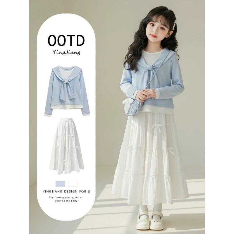 Girls' Sweet Set - Children's Fashion Long-Sleeved Top and Half-Dress Set