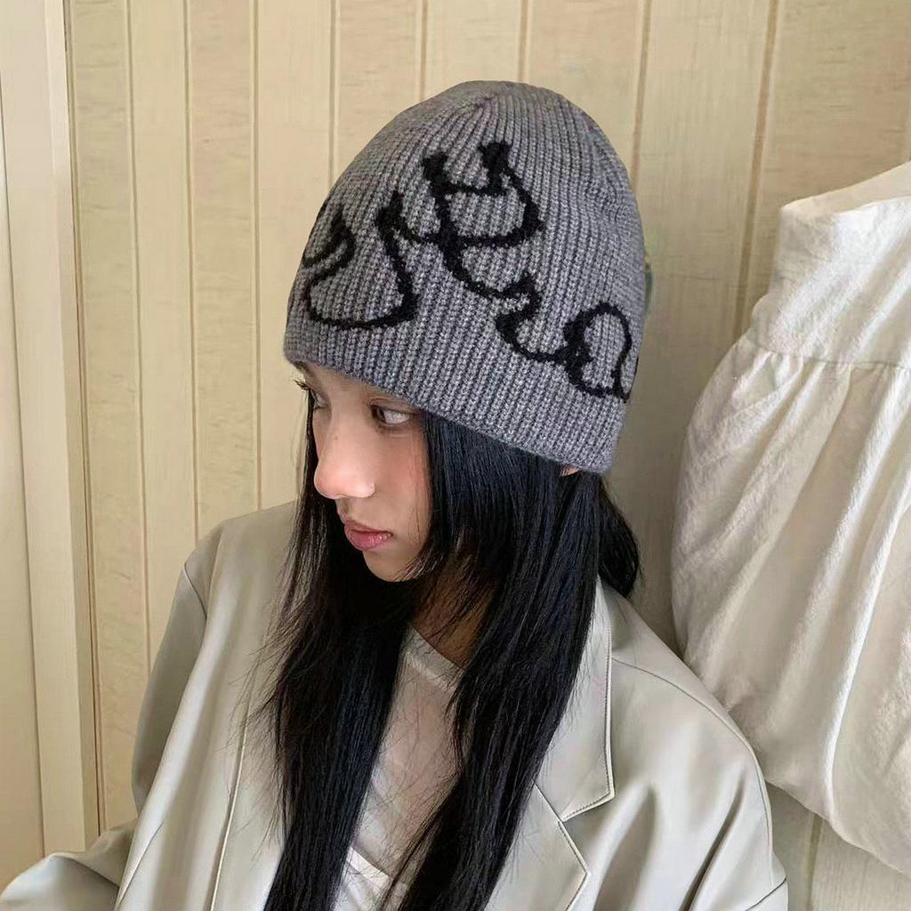 Designer flame pattern knitted hat children's autumn and winter new atmosphere bag head hat shows face small cold hat tide