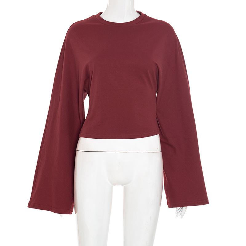 Y25TP201 European and American Women's Solid Color Round Neck, Wide Sleeve, Cinched Waist Sexy Long Sleeve Top