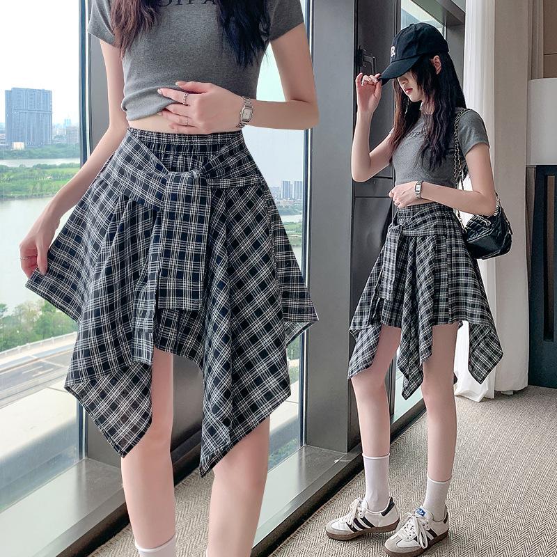 Blue Irregular Strap Skirt Women's Summer Design Sense Niche Plaid Skirt