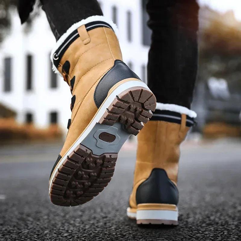 Mode Herren Winterstiefel Warme Fell High-Top Schneestiefel Herren Wasserdichte Leder Plateau Stiefel Outdoor Rutschfeste Herren Winterschuhe