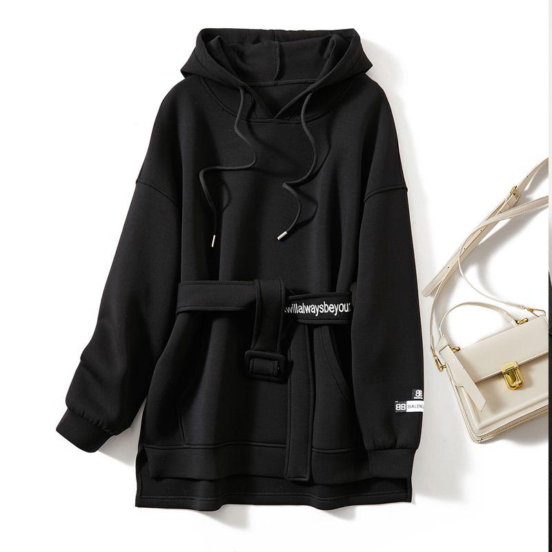 

Korean Style Hood Raglan Sleeve High Quality Air Cotton Long Hoodie Age-Reducing Women Penny-Level Embroidered Belt Outerwear Autumn and Winter Black 5XL