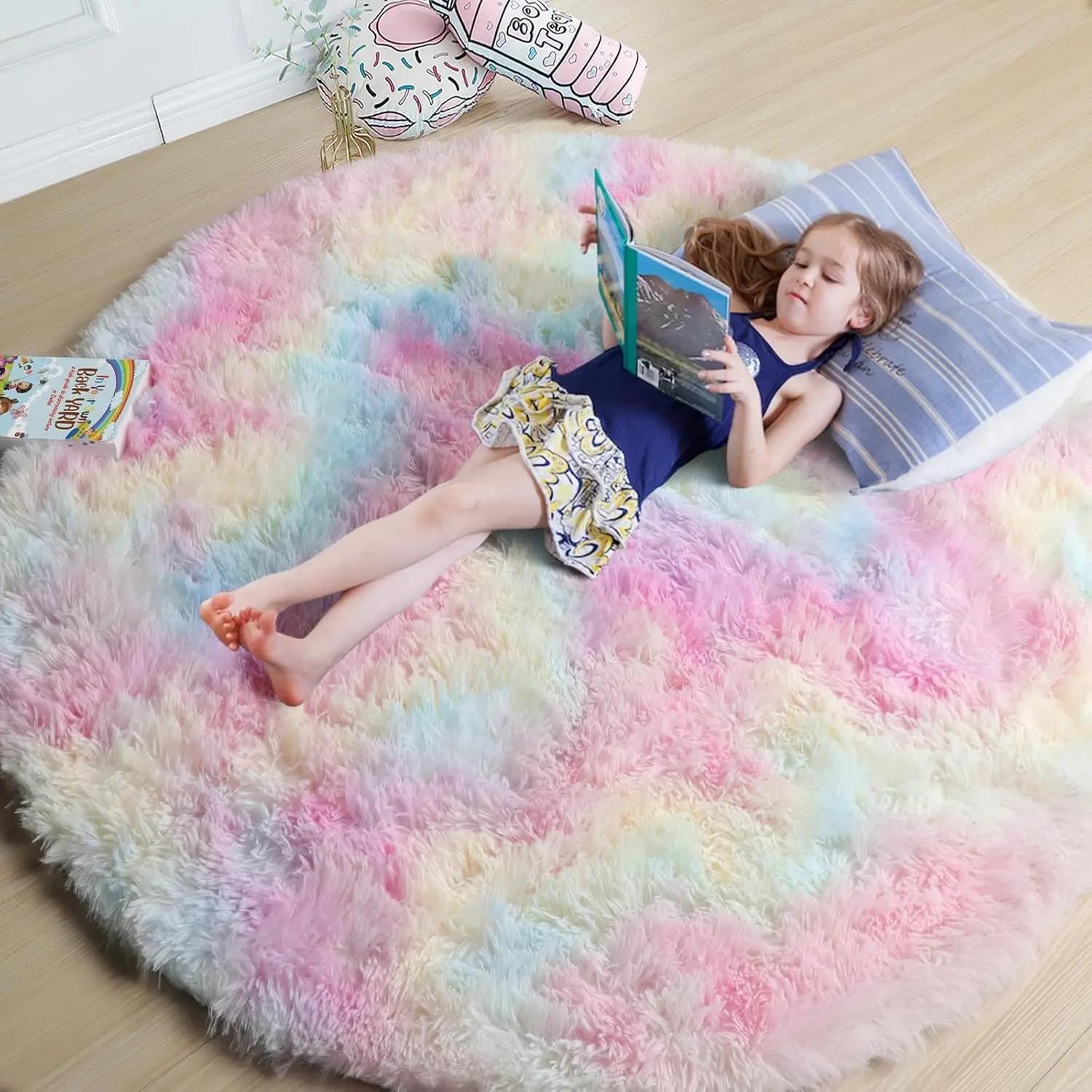 

vikama Розовый круглый ковер для спальни девочки, Пушистый круглый ковер для детской комнаты, Пушистый лохматый ковер для декора гостиной или игровой комнаты 60X60CM(2X2FT
