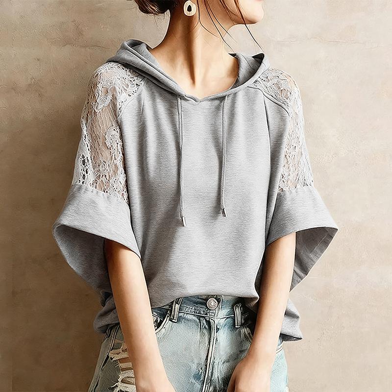 

ZANZEA Women Hooded Collar Loose Casual Lace Splice Half Sleeve Hoodies Blouse 5XL сірий колір