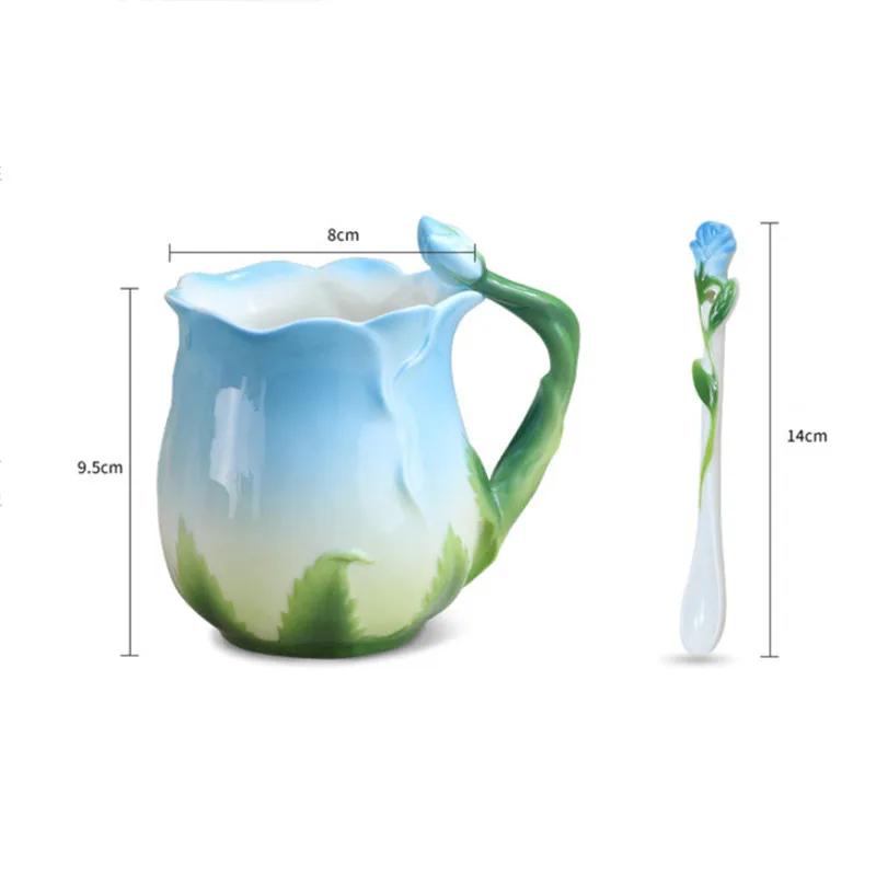 2025 New European Style Enamel Ceramic Coffee Mug Creative 3D Rose Flower Shape Teacups Pastoral Milk Cups with Spoon Gifts