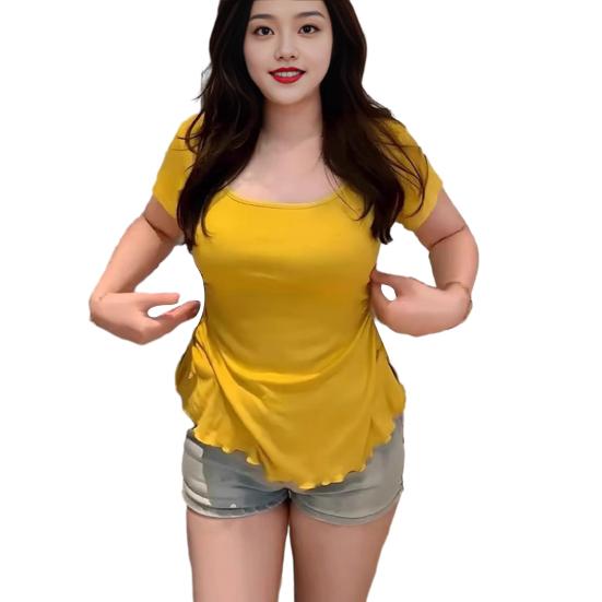 

Women Tops Soft Elastic U-Neck Shirt Short Sleeve Slim Fit Blouse with Waist Pleats Solid Color Pullover Tops Daily Wear XXXXXL жёлтый