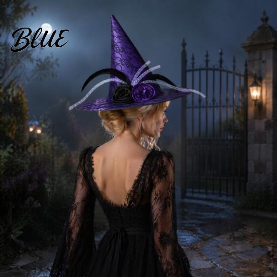 Mesh Witch Hat with Roses Halloween Star Hat Veil Rose Feather Cone Black Costume Headwear for Women Gothic Party Headwear Adult Cosplay Accessory