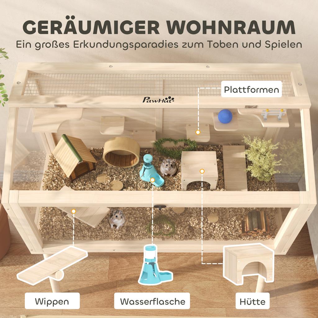 Hamster Cage, Dwarf Hamster Enclosure, Small Animal Hutch with Accessories, Water Bottle, 110 X 52 X 101 Cm, Wood, Plastic