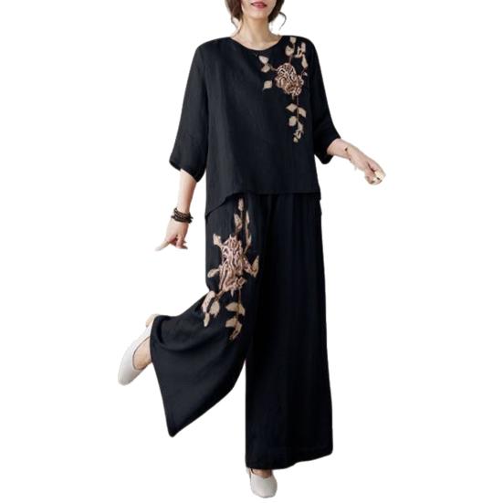 Damen 2-teilige Outfits 3/4 Ärmel Vintage Bestickte Hemden Weite Hosen Set Sommer Baumwolle Leinen Lässig Passendes Set