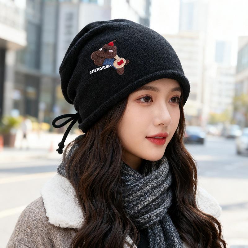 

Cute Cartoon Bear Hat for Women Autumn and Winter Baotou Knitted Hat Versatile Pile Hat Showing Face Small Curled Edge Cold Hat M（56-58cm）
