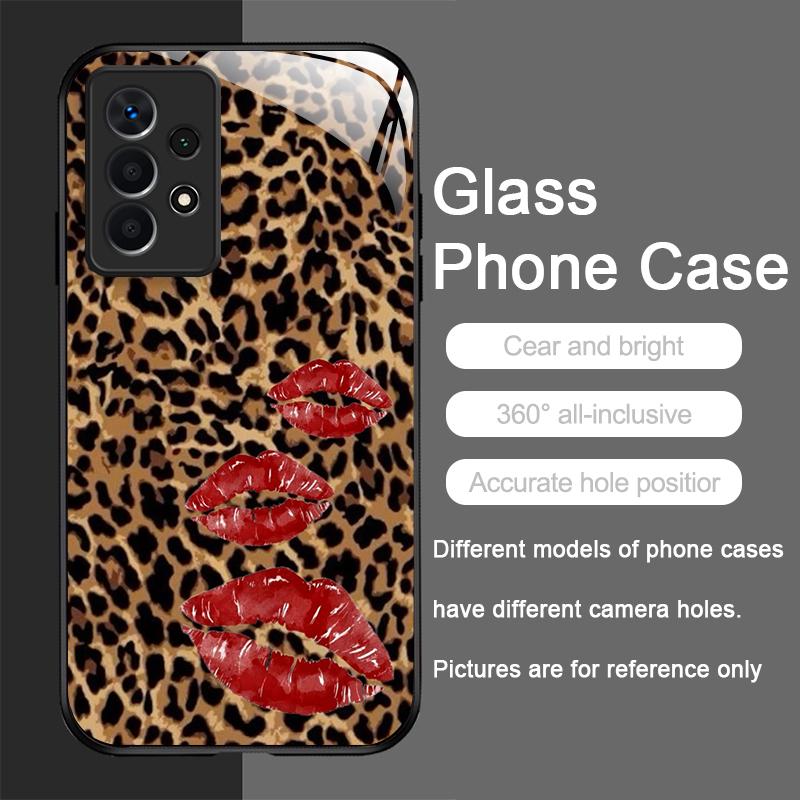 Artistic Leopard Print Cherry Red Lips Tempered Glass Phone Case for Samsung Galaxy S25 Ultra S24 S23 Plus S22 S21 S20 FE Covers