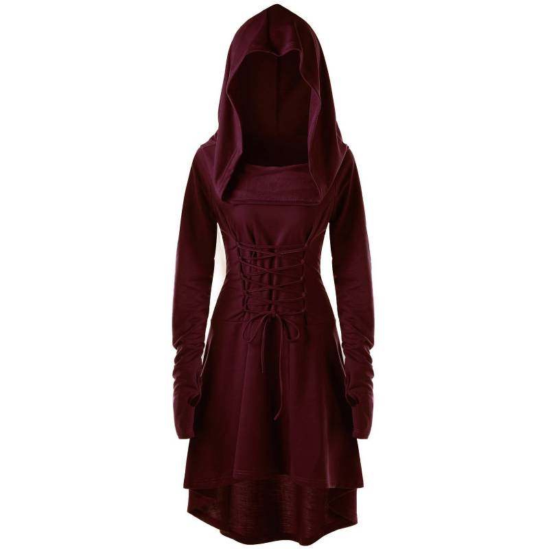 

Halloween Long Women Sleeved Hooded Strapper Dress Lacing Clothes Solid Cosplay S бордовый