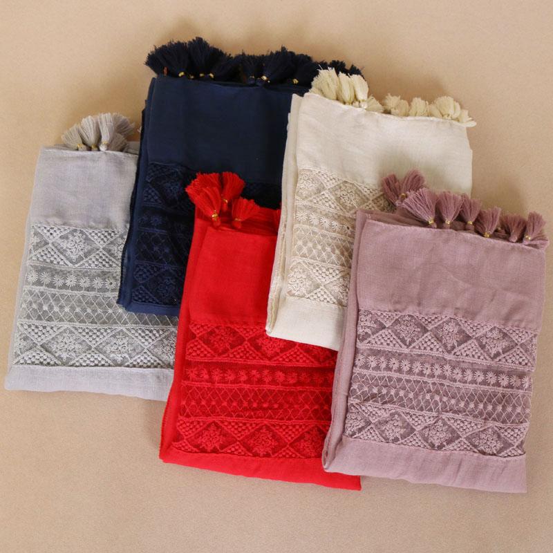 Premium Quality Cotton Hijab Scarf Women Hollow Out Lace Edge Tassels Long Shawl Muslim Soft Plain Headband Hijab Turban