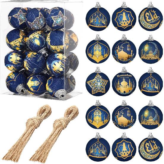 Syhood 24 Pcs Ramadan Ball Ornaments for Tree Eid Mubarak Decoration 1.18 Inches Plastic Ramadan Hanging Ornaments Mini Islamic Moon Star Ball Decor