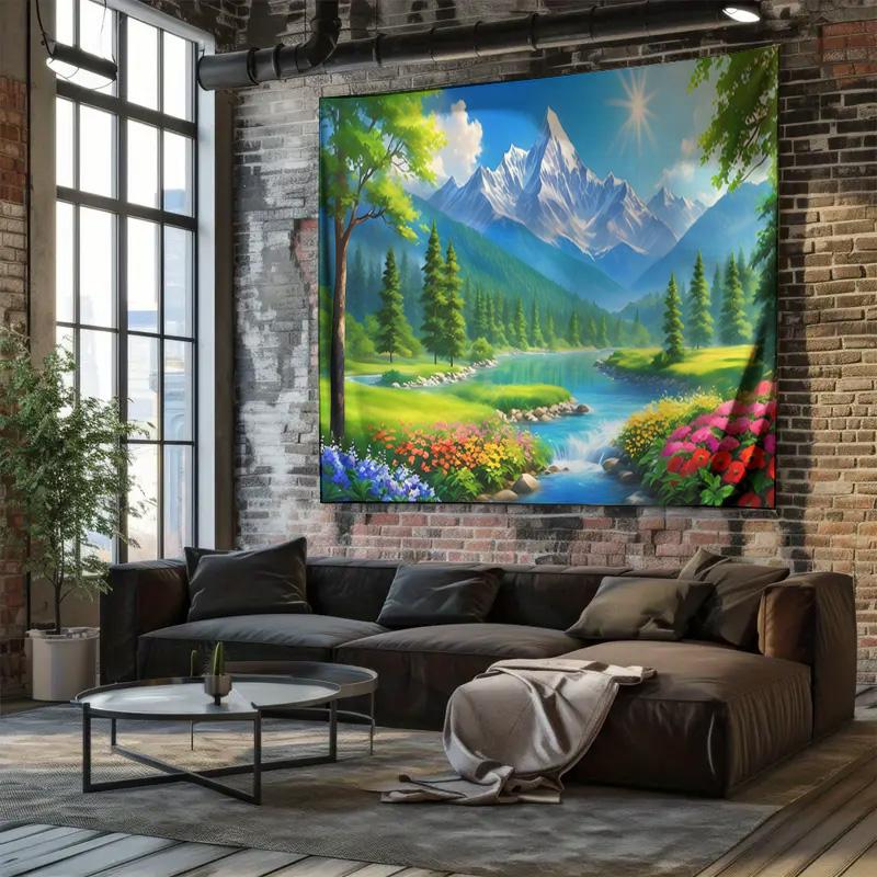 Cartoon Mountain River Flower Garden Wall Tapestry Machine Washable All Season Decor Art Print Nature Design Home Bedroom