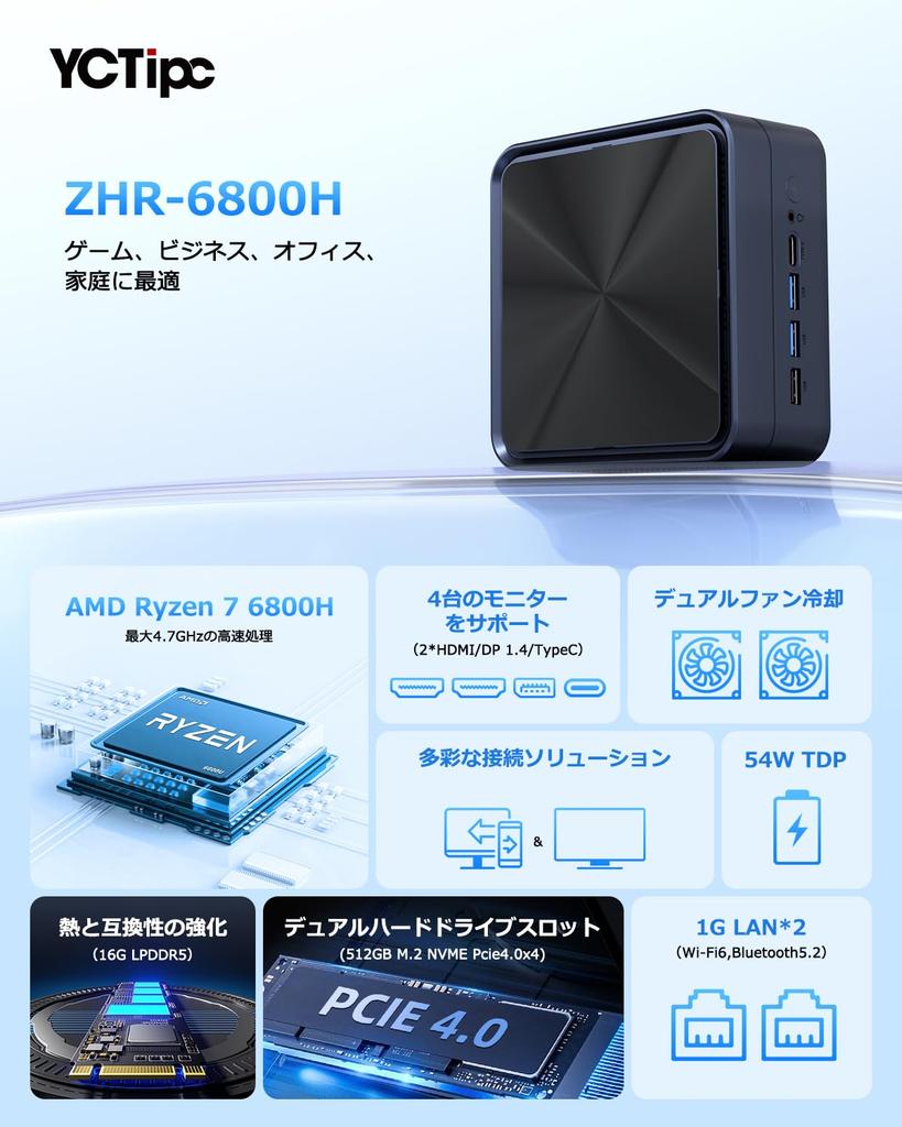 מחשב מיני YCTipc Ryzen 7 6800H 1G LAN 16GB זיכרון LPDDR5 512GB NVMe מחשב מיני עד WiFi 6 BT ערוץ כפול מחשב קומפקטי עם 2 תומך פלט [שתי יציאות]