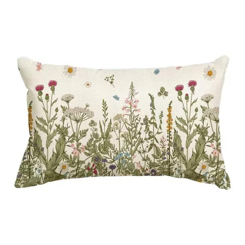 New Spring Flower Pillowcase Linen Printed Floral Sofa Cushion Cover Home Pillowcase