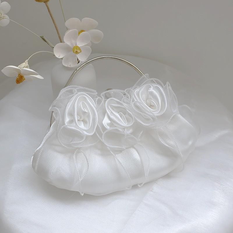 Elegant White Silk Floral Clutch Bag With Bow Detail Evening Purse Wedding Guest Or Bridal Party